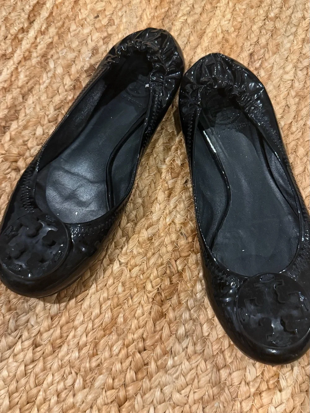 Tory Burch Black Patent Logo Round-Toe Ballet Flats